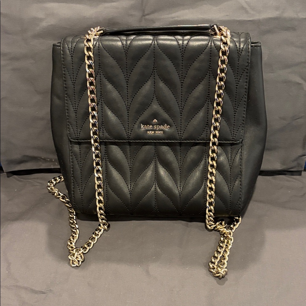 Kate Spade Black Quilted Backpack with Gold Chain